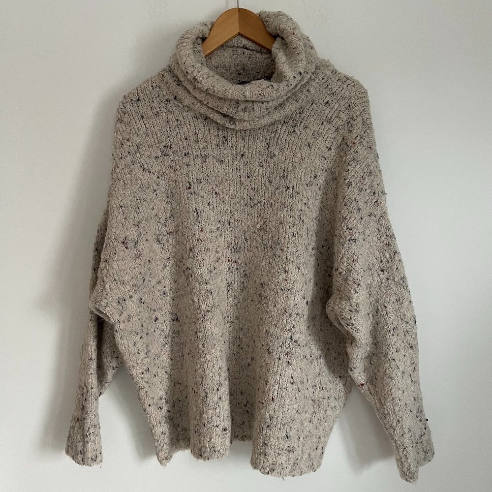 Zara Knit Women Oversize Beige Long Sleeve Cowl Neck Pullover Sweater Size Small